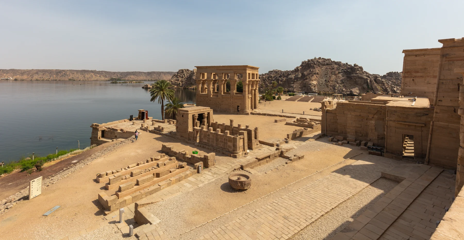Temple structures and river beside the relocated Philae complex on Agilkia